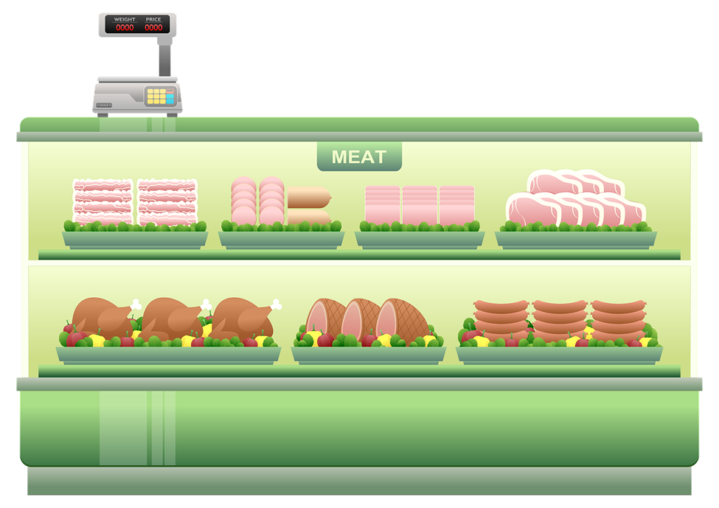 meat counter, supermarket shelf, meats-1094821.jpg